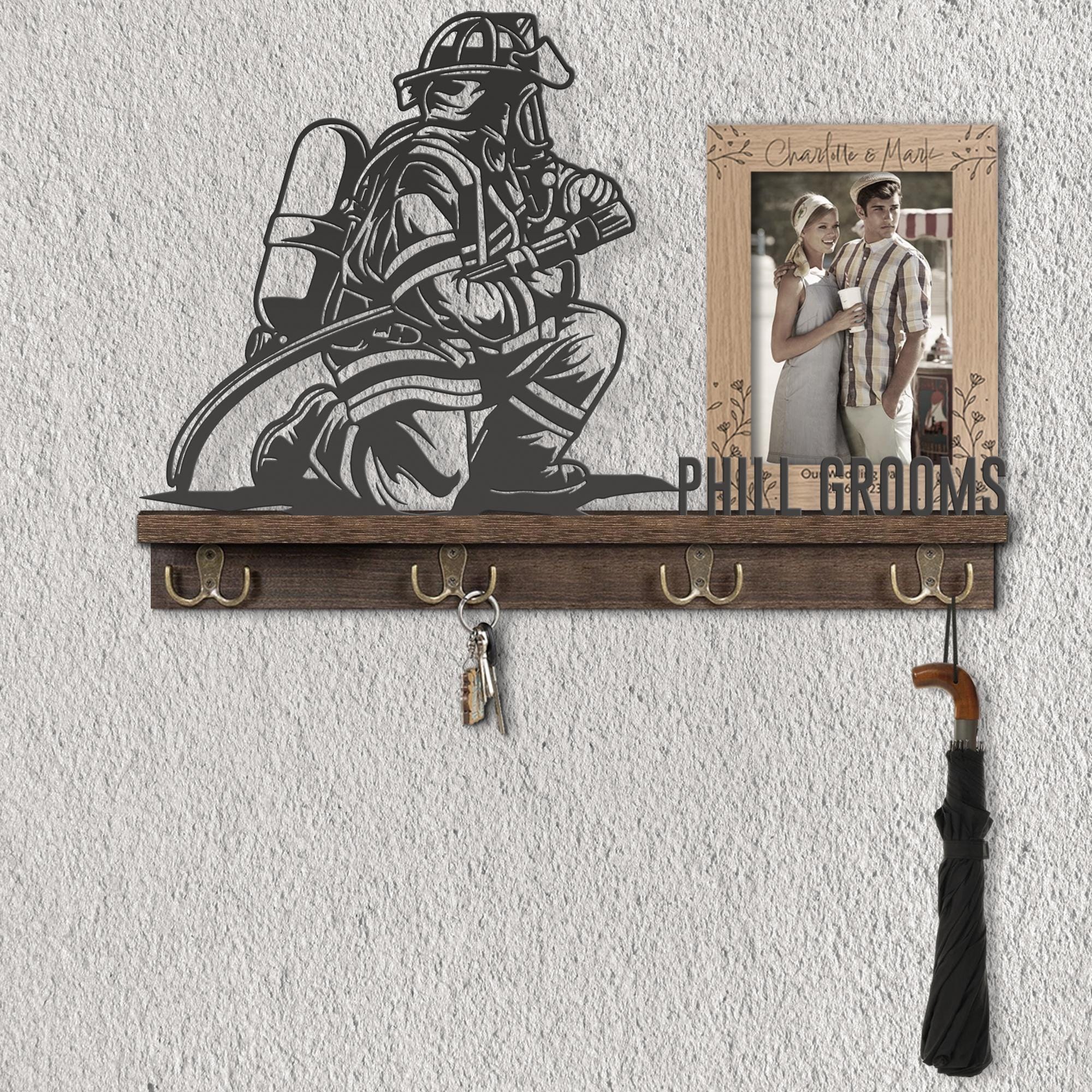Custom Firefighter Wooden Metal Floating Shelf With Hooks Personalized ...