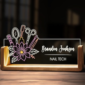 Placa de nombre personalizada para escritorio de técnico de uñas, luz LED personalizada para técnico de uñas, base de madera acrílica, accesorios de oficina, letrero de madera, decoración, regalo