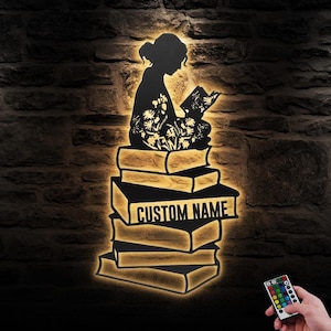 Custom Girl Reading Book Metal Wall Art LED Light Personalized Book Lover Name Sign Home Decor Read More Books Nerd Reader Decoration Gift
