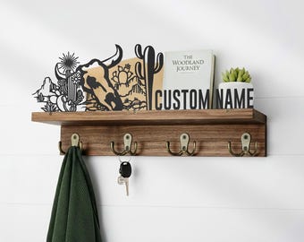 Custom Longhorn Bull Wooden Shelf Metal Wall Art Personalized Western Life Lover Gift Entryway Organizer Man Cave Home Decor Key Hook Holder