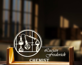 Benutzerdefinierte Chemie Lehrer Schreibtisch Namensschild Personalisierte Chemistr LED-Licht Holzsockel Acryl Bürozubehör Holz Name Zeichen Dekor Geschenk