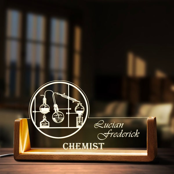 Benutzerdefinierte Chemie Lehrer Schreibtisch Namensschild Personalisierte Chemistr LED-Licht Holzsockel Acryl Bürozubehör Holz Name Zeichen Dekor Geschenk