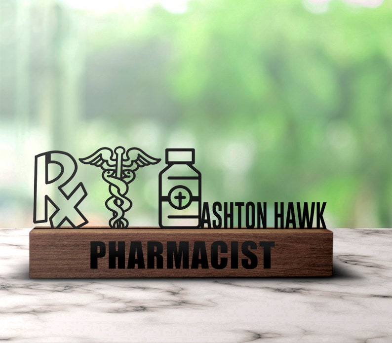 Custom Pharmacy Desk Name Plate Wedge Personalized Pharmacist Nameplate Office Sign Company Shelf Tabletop Plaque Drugstore Decor Gifts image 3