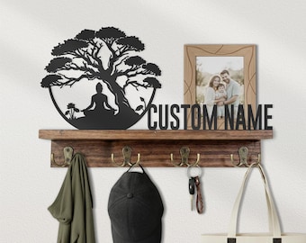 Custom Buddha Tree of Life Wooden Floating Shelf, Zen Meditation Metal Wall Art, Personalized Spiritual Yoga Room Decor, Key Hook Holder