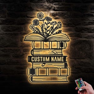 Custom Librarian Book Reading Metal Wall Art LED Light Personalized Reader Name Sign Home Decor Read More Books Nerd Decoration Book Lover