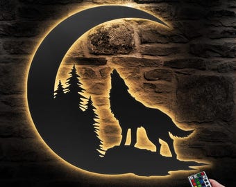 Wolf On The Moon Metal Wall Art LED Light Wolf Howling Sign Home Decor Kid Boy Girl Nursery Decoration Man Cave Dad Christmas Birthday Gift