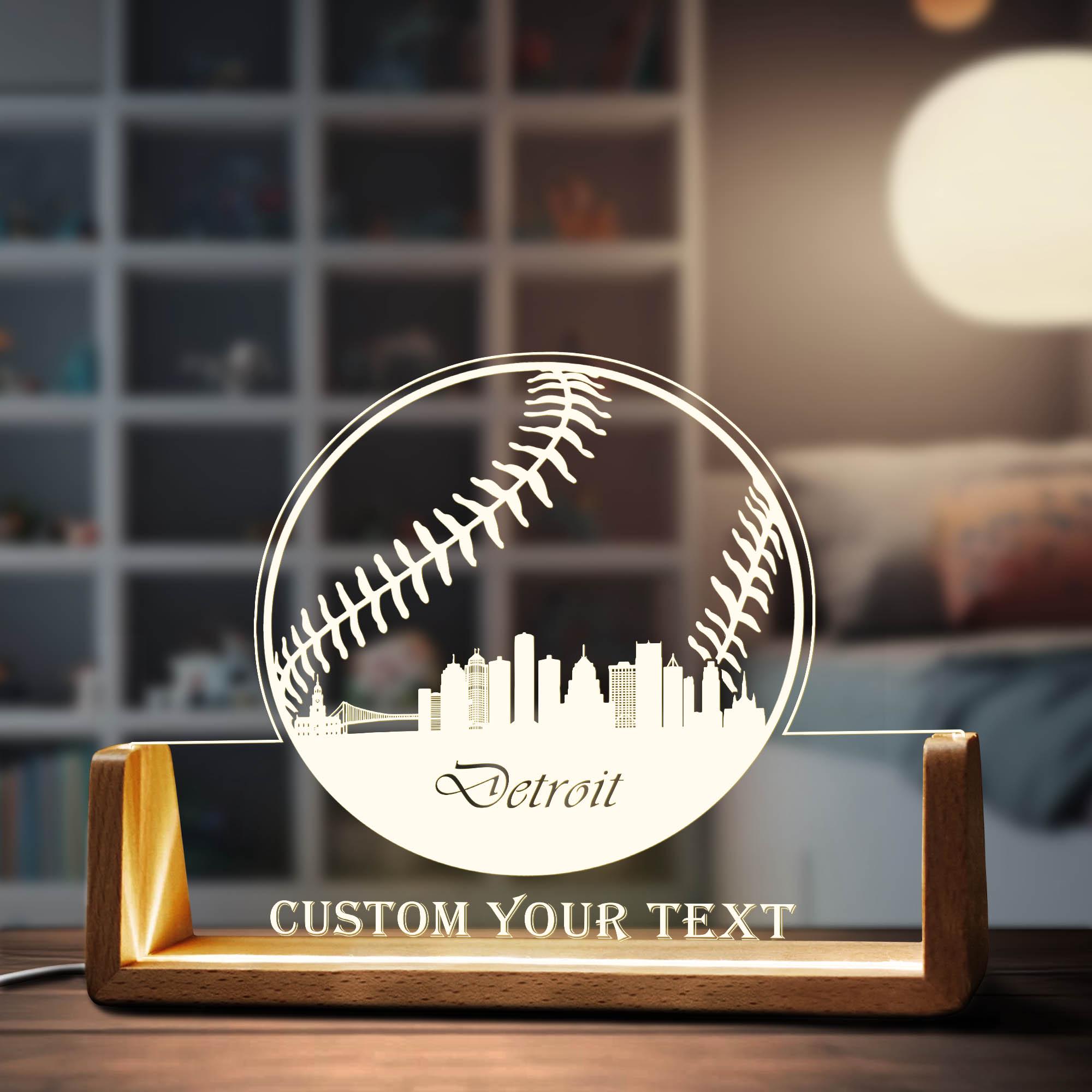 Custom Detroit Skyline Desk Name Plate Personalized Baseball LED Light ...
