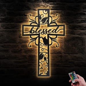 Błogosławiony Krzyż Metalowy Ścienny Sztuka Światło LED Chrystus Znak Wystrój Domu Bóg Wiara Krzyż Dekoracja Religijny Pan Parapetówka Boże Narodzenie Prezent Urodzinowy