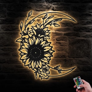 Sunflower Farmhouse Metal Wall Art LED Light Sunflower Moon Sign Home Decor Sunflower Barn Nursery Man Cave Decoration Birthday Housewarming