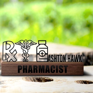 Custom Pharmacy Desk Name Plate Wedge Personalized Pharmacist Nameplate Office Sign Company Shelf Tabletop Plaque Drugstore Decor Gifts image 1