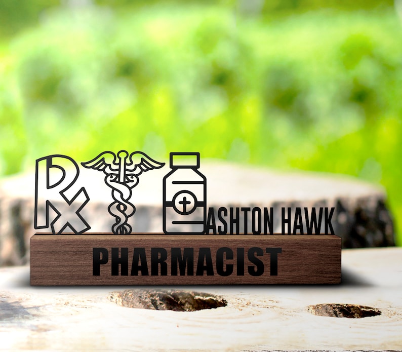 Custom Pharmacy Desk Name Plate Wedge Personalized Pharmacist Nameplate Office Sign Company Shelf Tabletop Plaque Drugstore Decor Gifts image 1