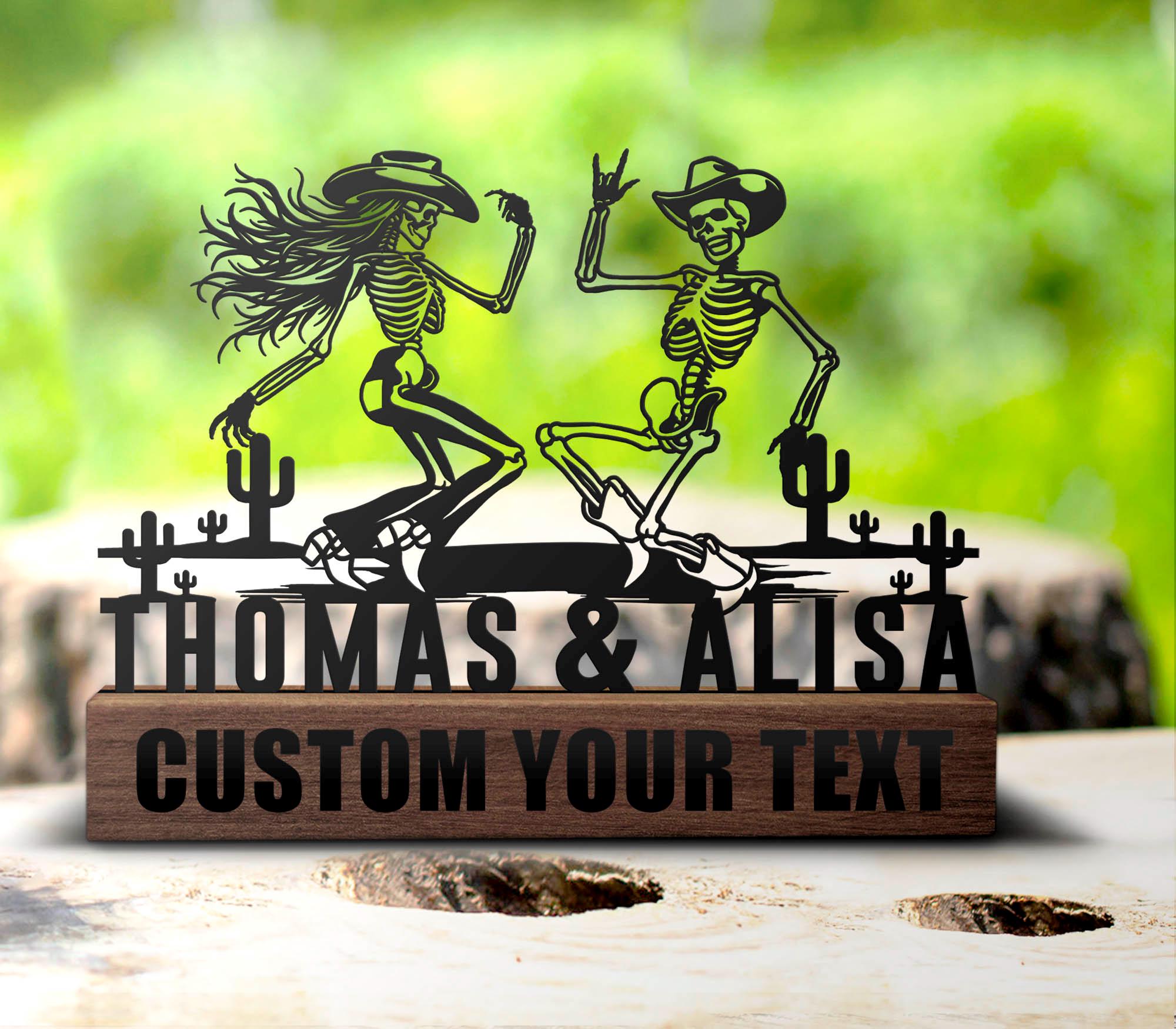 Custom Couple Cowboy Skeleton Dancing Desk Name Plate Wedge Personalized Cowgirl Dancer Nameplate Office Sign Shelf Tabletop Halloween Decor