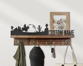 Custom Western Cowboy Wooden Shelf Metal Wall Art Personalized Equestrian Gift Entryway Organizer Man Cave Home Decor Sign Key Hook Holder