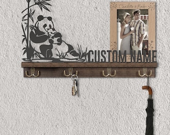 Custom Mama Panda & Baby Wooden Floating Shelf Metal Wall Art Sign Personalized Mother Mom Gift Entryway Organizer Home Decor Key Holder