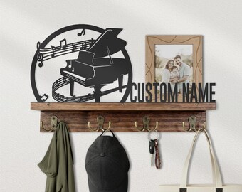 Custom Piano Wooden Floating Shelf Metal Wall Art Sign Personalized Pianist Musician Songwriter Music Teacher Gift Decor Key Hook Holder