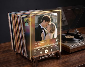 Custom Vinyl Record Storage, Personalized Photo Song Acrylic Plaque, Music Gifts LED Light, Records Display, Wooden Record Holder Stand