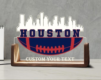 Custom Houston Skyline Desk Name Plate Personalized American Football Gift LED Light Wooden Base Acrylic Office Accessories Wood Sign Decor