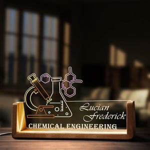 Anpassad kemiingenjör skrivbordsnamnskylt personlig kemilärare LED-ljus träbas kontor akryl tillbehör tränamnskylt dekor
