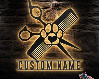 Custom Dog Grooming Hair Salon Metal Wall Art LED Light Personalized Groomer Name Sign Home Decor Pet Grooming Decoration Salon Paw Scissors