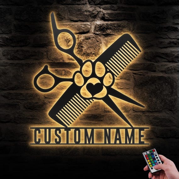 Custom Dog Grooming Hair Salon Metal Wall Art LED Light Personalized Groomer Name Sign Home Decor Pet Grooming Decoration Salon Paw Scissors