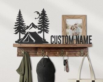 Custom Campsite Wooden Shelf Metal Wall Art Camping Sign Personalized Adventure Natural Lover Travel Gift Home Decor Key Hook Holder