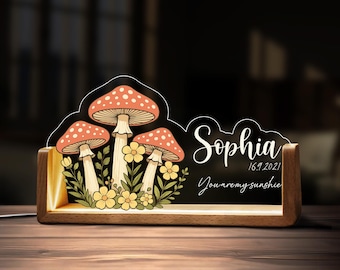 Custom Glowing Mushroom Night Light Personalized Name Enchanted Forest Acrylic Led Lamp Wooden Base Kids Baby Toddler Nursery Bedroom Decor