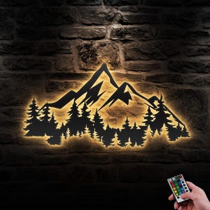 Natura Montagna Foresta Metallo Arte da Parete LED Luce Collina Albero Grande Avventura Cartello Casa Escursionismo Decorazione Camper Escursionista Decorazione Asilo Nido Compleanno