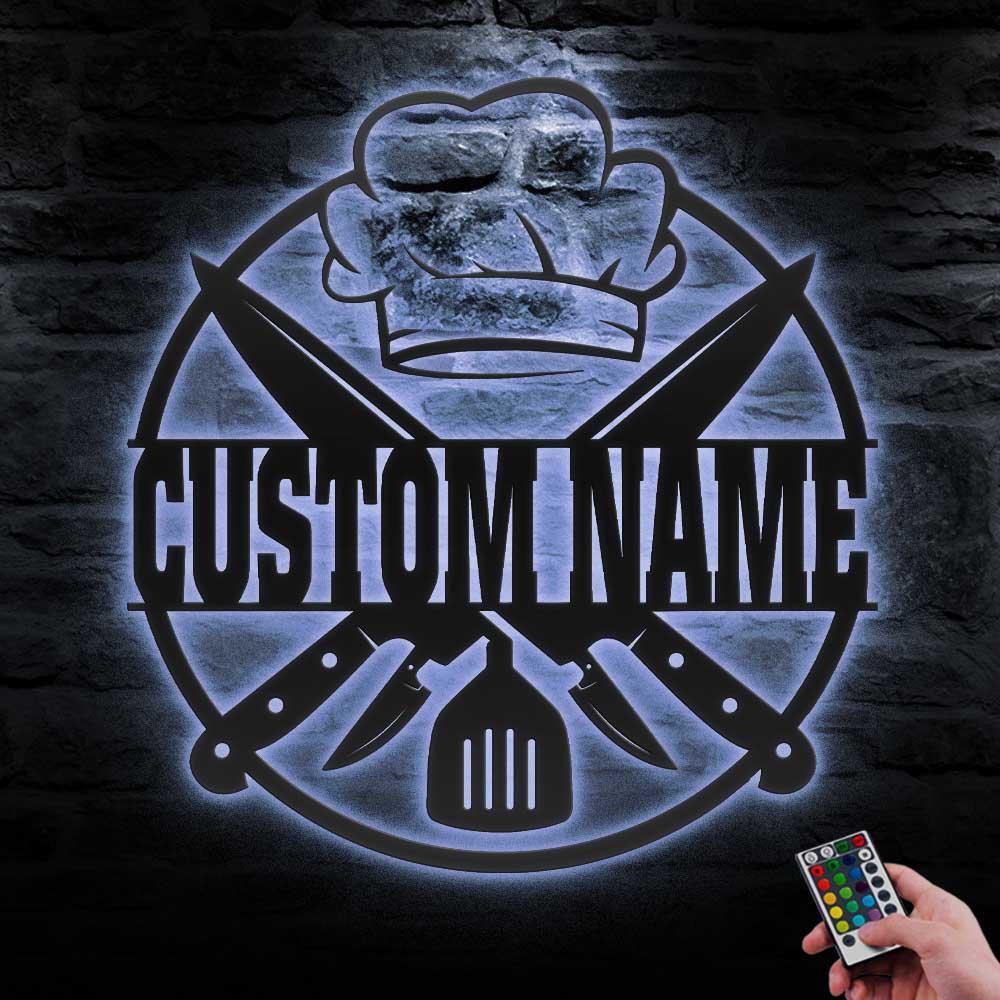 Custom Chef Logo Metal Wall Art LED Light Personalized Backyard Cooking ...
