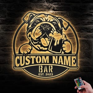 Custom Bulldog Thirsty Beer Pub Metal Wall Art LED Light Personalized Beer Bar Name Sign Home Decor Dog Beer Man Cave Decoration Christmas