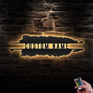 Mappa di Porto Rico personalizzata Arte murale in metallo Luce LED Cartello personalizzato con nome dell'amante di Porto Rico Decorazione Nato a Porto Rico Decorazione per inaugurazione della casa