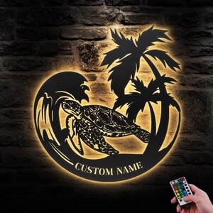 Custom Sea Turtle Palm Tree Metal Wall Art LED Light Personalized Marine Turtle Name Sign Home Decor Beach Turtle Kid Nursery Decoration
