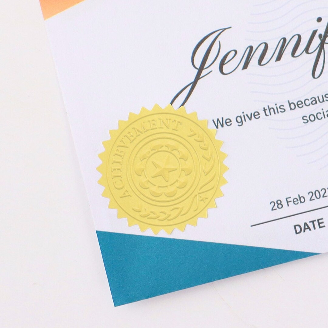 Achievement Embossed Sticker, Gold Metallic Seal Sticker, Certificate