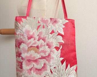 Vintage Japanese kimono Tote Bag, Pink Peony Embroidered, Gold Fringe