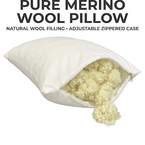 Handmade Natural Organic Merino Wool Filled Pillow, Cotton Cover with Adjustable Zipper, Customizable Sizes