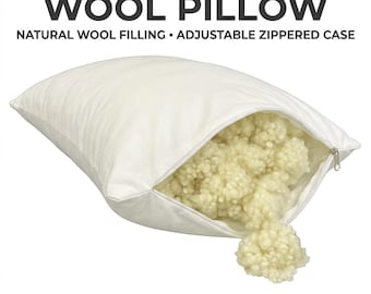 Handmade Natural Organic Merino Wool Filled Pillow, Cotton Cover with Adjustable Zipper, Customizable Sizes