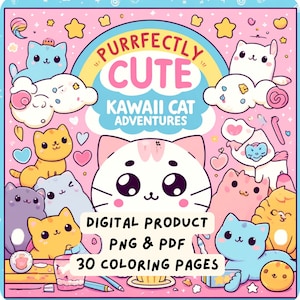 Kawaii Cat Adventures, 30 Digital Coloring Pages for Stress Relief & Family Fun | Printable Kawaii Cat Coloring Book for Relaxing Activities
