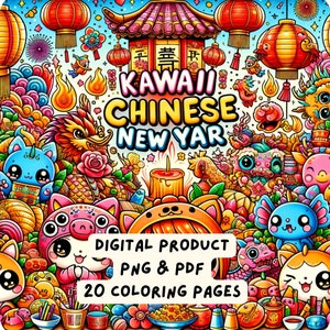 Chinese New Year Coloring Pages | Kawaii Coloring Pages | 20 Pages | Cute Coloring Pages | For Kids and Adults | Digital Download