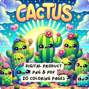 20 Kawaii Cactus Coloring Pages, Printable Fun Activity for Children, Cute Minimalist Digital Coloring Book, Instant Download, PDF & PNG