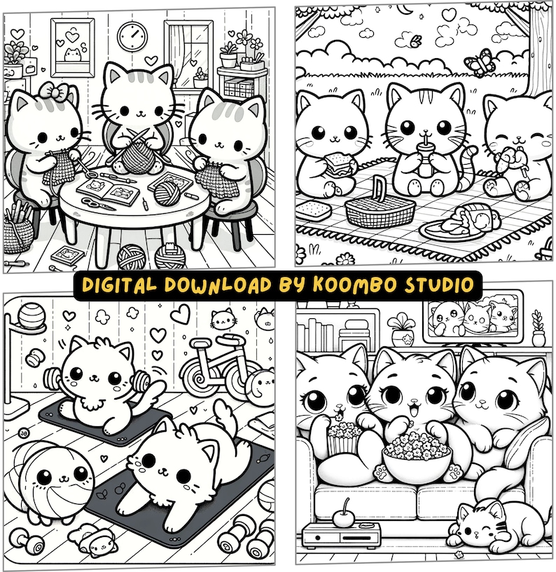Kawaii Cat Adventures, 30 Digital Coloring Pages for Stress Relief ...