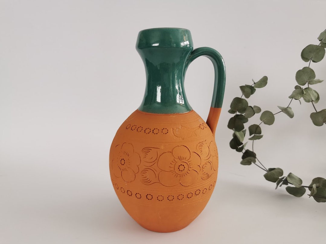 Vintage Ceramic Jug, Vase With Handle. Clay Product, Partially Glazed