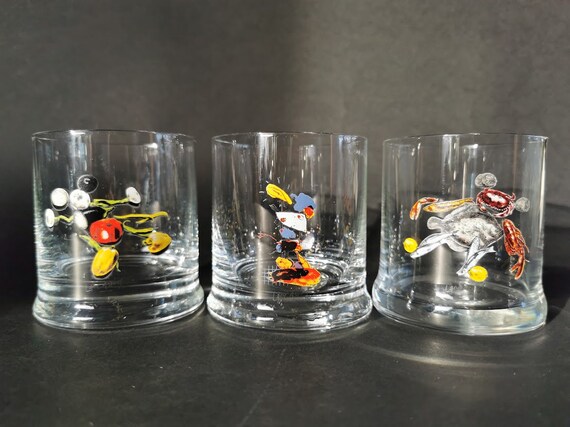 Set of 3 Whiskey Glasses Designed by Famous Lasse Åberg. Made in Sweden.  Collectible. Pop Art. Walt Disney. ''mickey Mouse'' Graphic Design. 