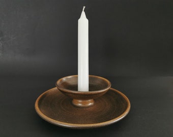 Vintage stoneware candlestick holder. Made by Brandi, Sweden. Brown round shape candle holder. Scandinavian pottery. Nordic retro style.