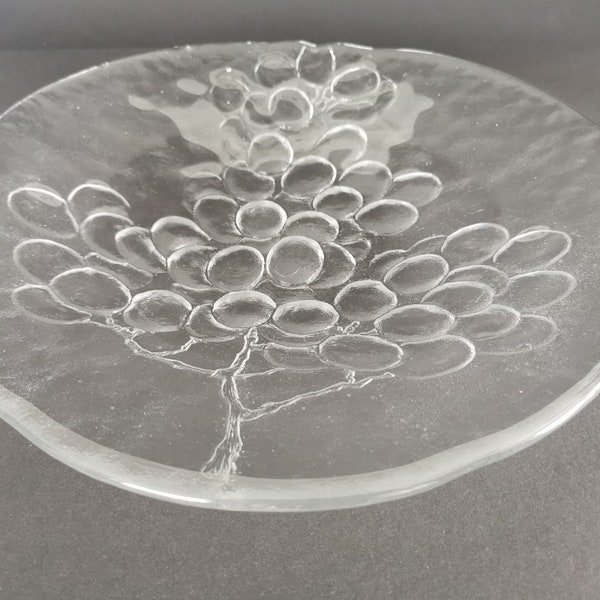 Vintage moulded clear glass large size plate. Made by Kosta Boda, Sweden, designed by Ann Warff, "Grape". Round serving platter. Glass art.