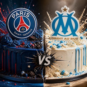 Peut inclure: Gâteau divisé en deux, avec les logos du Paris Saint-Germain et de l'Olympique de Marseille. Le côté gauche est bleu foncé avec des accents rouges, le côté droit est blanc avec des accents bleus. Le mot "VS" est au centre.