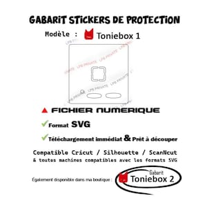 Peut inclure: Image d'un fichier numérique blanc pour autocollants Toniebox 1. Le texte inclut "GABARIT STICKERS DE PROTECTION" et "FICHIER NUMERIQUE". Compatibilité Cricut, Silhouette, ScanNcut et autres machines SVG.