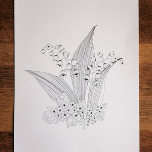 Illustration of birth flowers MAY - Lily of the Valleys and Hawthorns