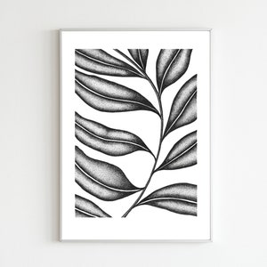 May include: Monochrome botanical print showing a plant stem with large, textured leaves. The artwork is framed in a silver frame, creating a modern and minimalist aesthetic. The leaves are rendered with a stippling technique. The print is suitable for a living room.