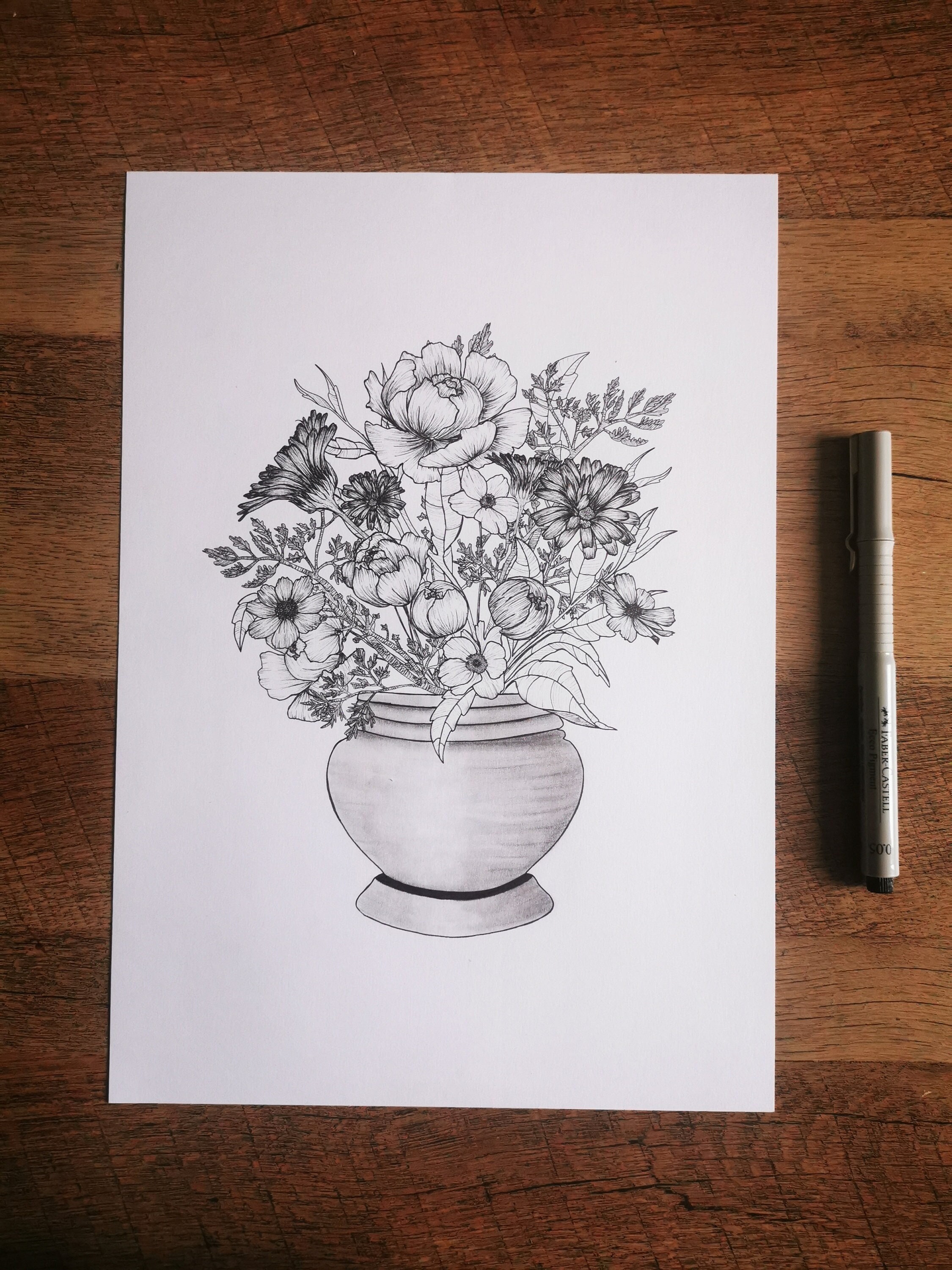 Drawing Bouquet of Flowers (peonies, Anemones, Marigolds, Cosmos) - Etsy, image size:2250x3000