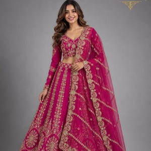 Lehenga Choli de seda bicolor rosa intenso, dupatta bordada para boda nupcial