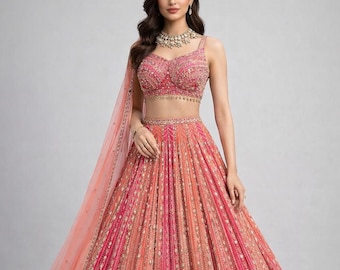 Pink Orange Designer Lehenga Choli | Heavy Mirror Sequins Work, Bridal Festive Wear